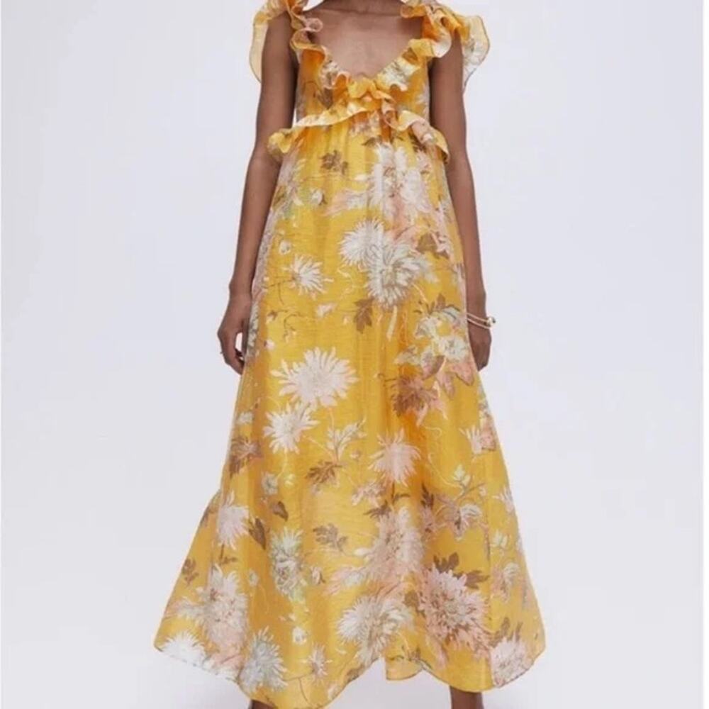 YELLOW FLORAL FLOUNCED TRIM MIDI MAXI SLEEVELESS DRESS SUMMER VACATION SZ S